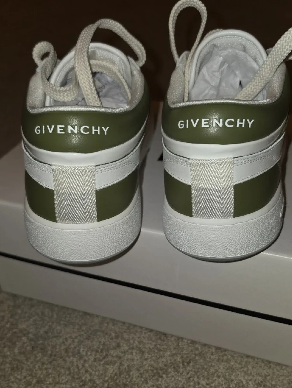 Brand New Givenchy Low-Top Leather Sneakers in White with Khaki Accents